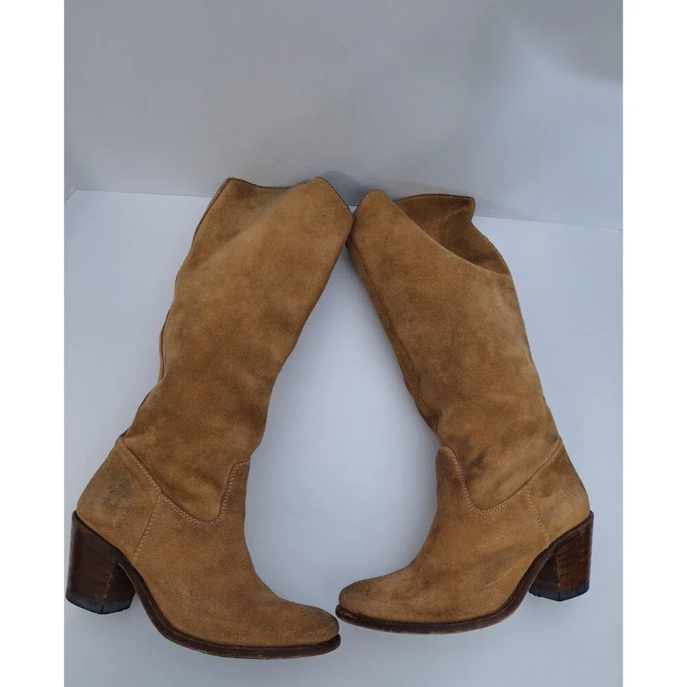 Frye Women's Camel Stacked Heel Suede Leather Knee High Western Boots Sz 6.5M